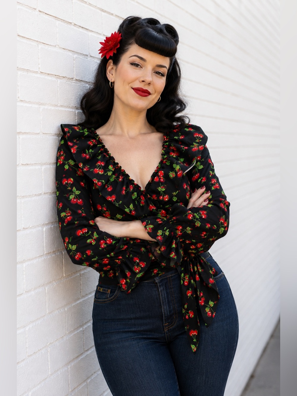 Courtyard LA Poet Wrap Top Cherry Pin-Up Cotton Long Sleeve Rockabilly Medium